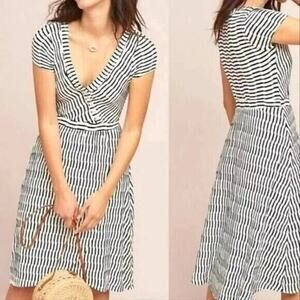 Maeve Anthropologie Ribbed Knit Faux Wrap Midi Dress Black White Small